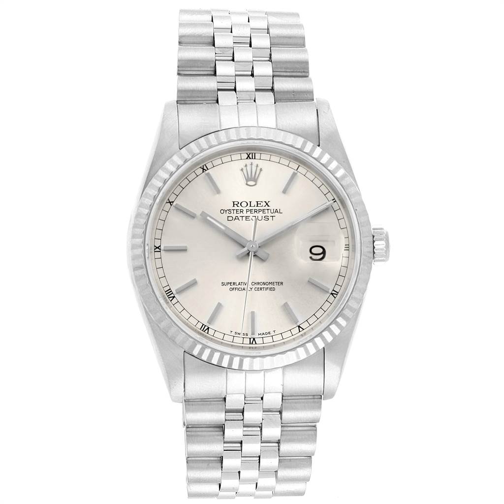 The Rolex Datejust 16234 Men's Stainless Steel Silver Dial 16234 Men's Stainless Steel Silver Dial watch is shown from a front angle, highlighting its dial, bezel, and bracelet.