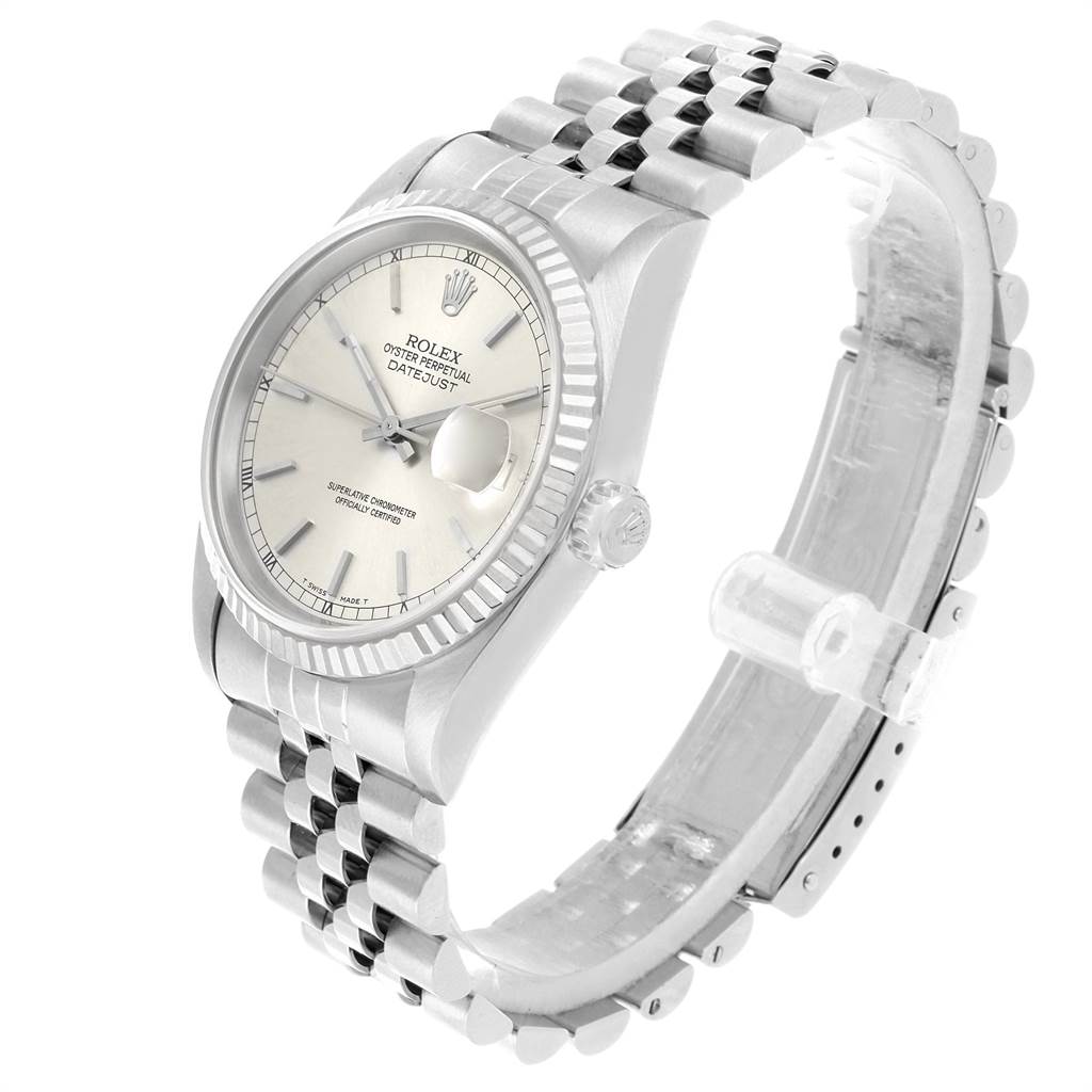 The Rolex Datejust 16234 Men's Stainless Steel Silver Dial 16234 Men's Stainless Steel Silver Dial watch is displayed at a three-quarter angle showing the face, bezel, and link bracelet.