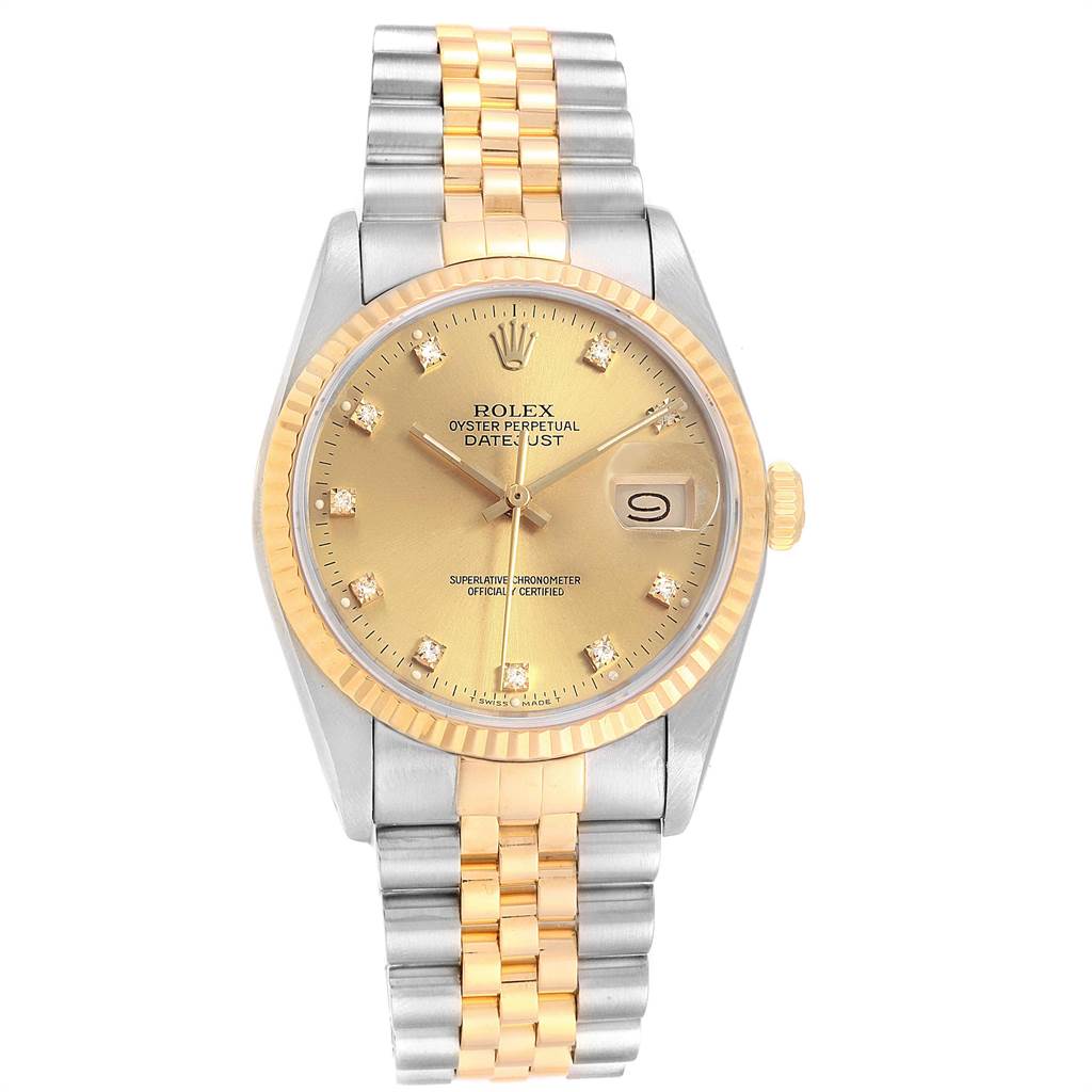 The image shows a front view of a Rolex Datejust 16233 Men's Steel and Gold (two tone) Champagne Dial 16233 Men's Steel and Gold (two tone) Champagne Dial watch, featuring a gold dial, fluted bezel, and a two-tone bracelet.