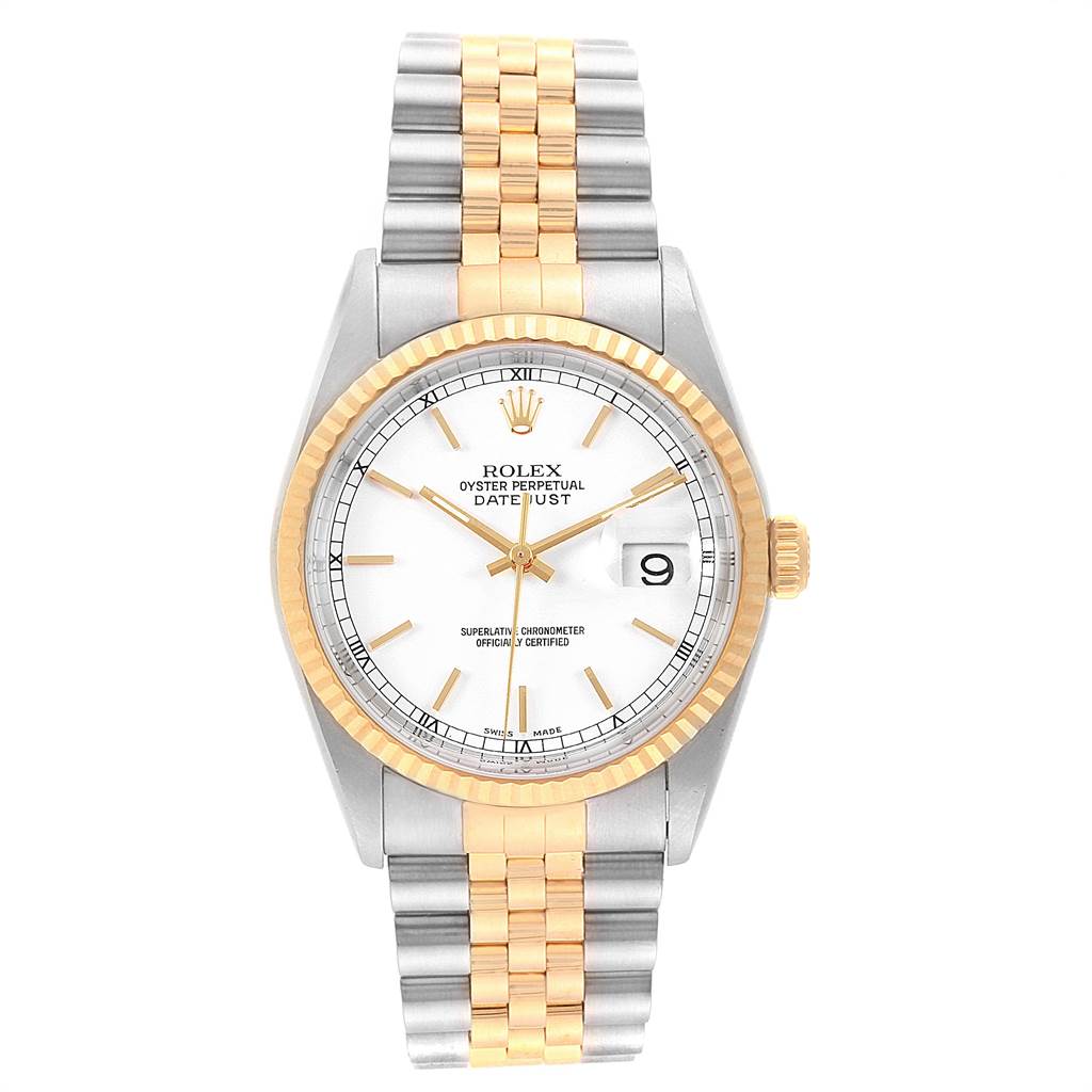 The image shows a front view of a Rolex Datejust 16233 Men's Steel and Gold (two tone) White Dial 16233 Men's Steel and Gold (two tone) White Dial watch, featuring a white dial, a fluted bezel, and a two-tone metal bracelet.
