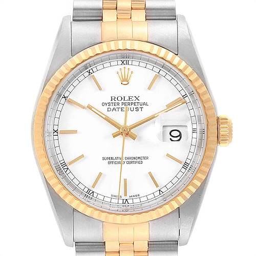 Photo of Rolex Datejust 36mm Steel Yellow Gold White Baton Dial Mens Watch 16233