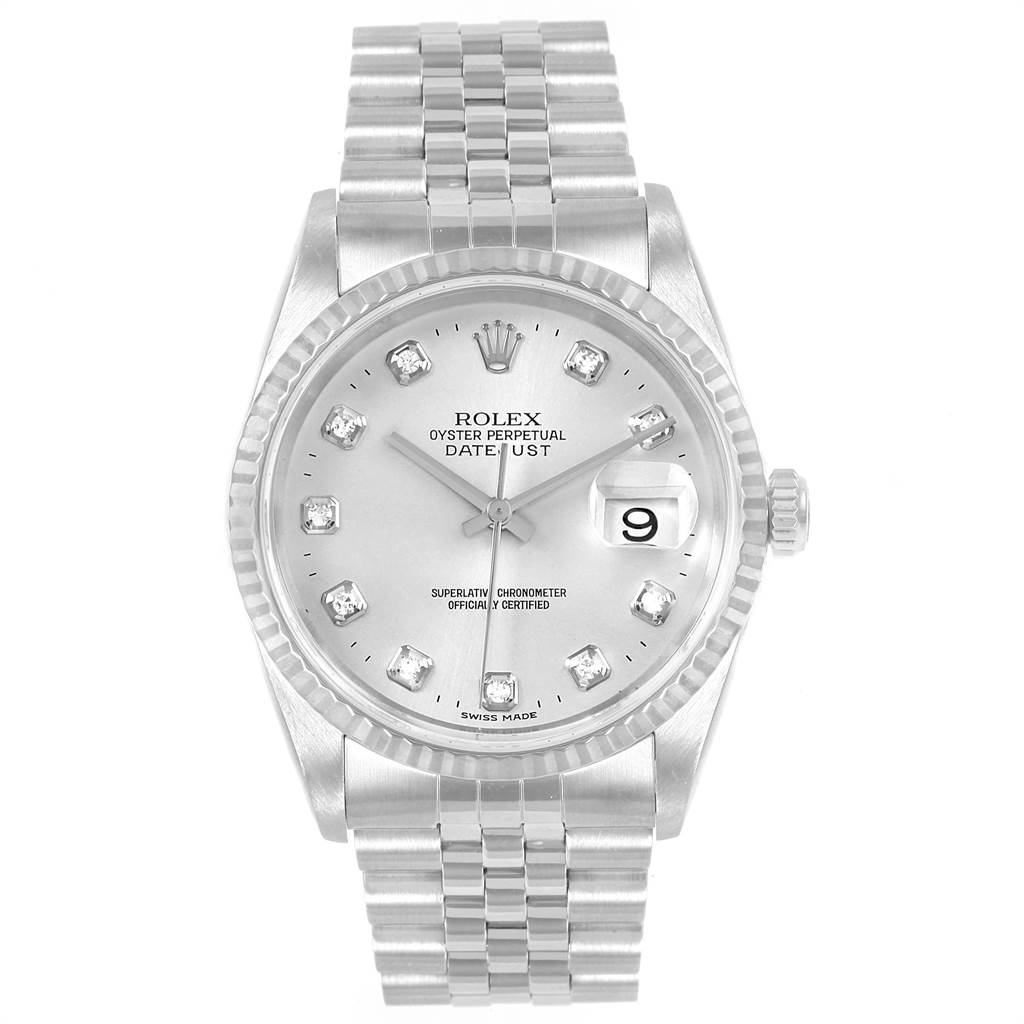 The image shows a front view of the Rolex Datejust 16234 Men's Stainless Steel Silver Dial 16234 Men's Stainless Steel Silver Dial watch, highlighting the dial, bracelet, and bezel.