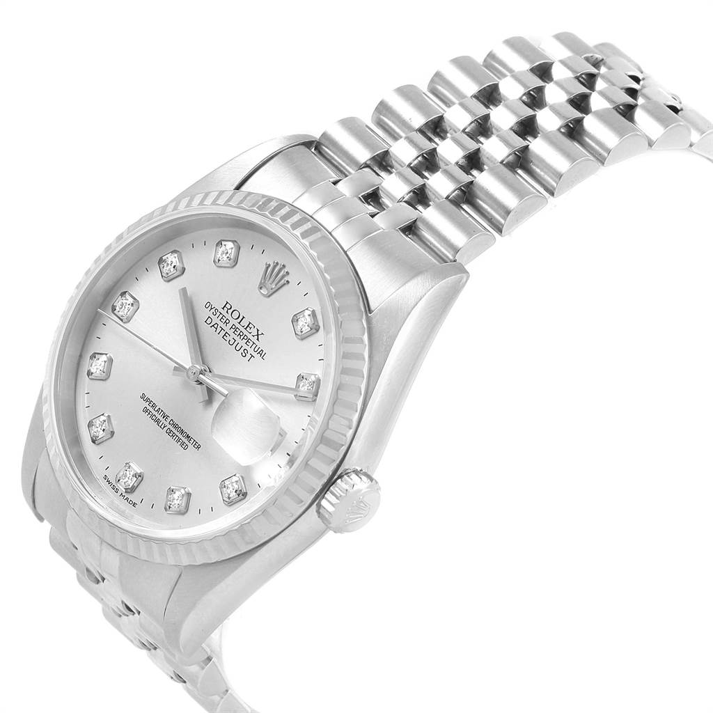 The image shows a side angle of the Rolex Datejust 16234 Men's Stainless Steel Silver Dial 16234 Men's Stainless Steel Silver Dial watch, featuring its face, bezel, crown, and metal bracelet.