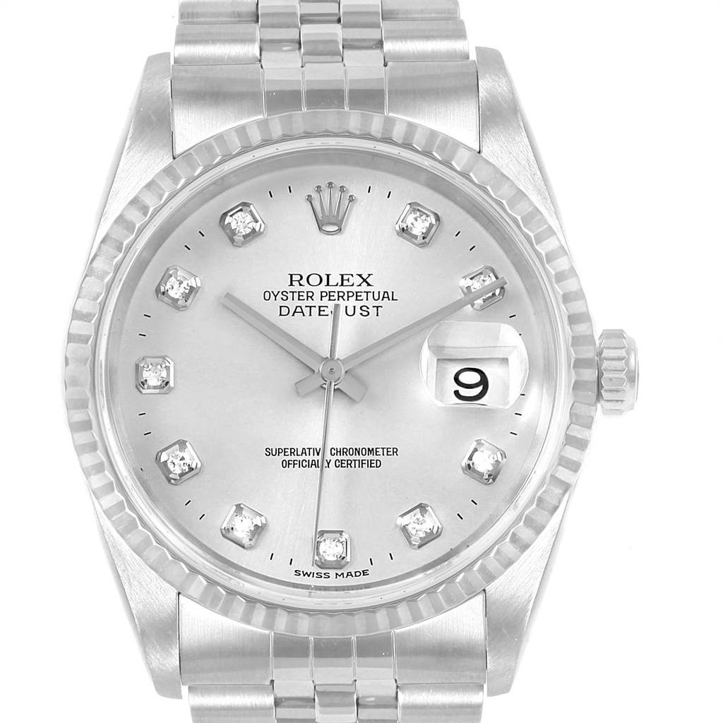 The image shows a Rolex Datejust 16234 Men's Stainless Steel Silver Dial 16234 Men's Stainless Steel Silver Dial watch face, bezel, crown, and part of the bracelet from a frontal angle.