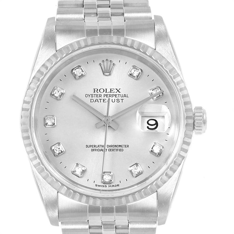 Rolex Datejust Steel White Gold Silver Diamond Dial Mens Watch 16234 SwissWatchExpo