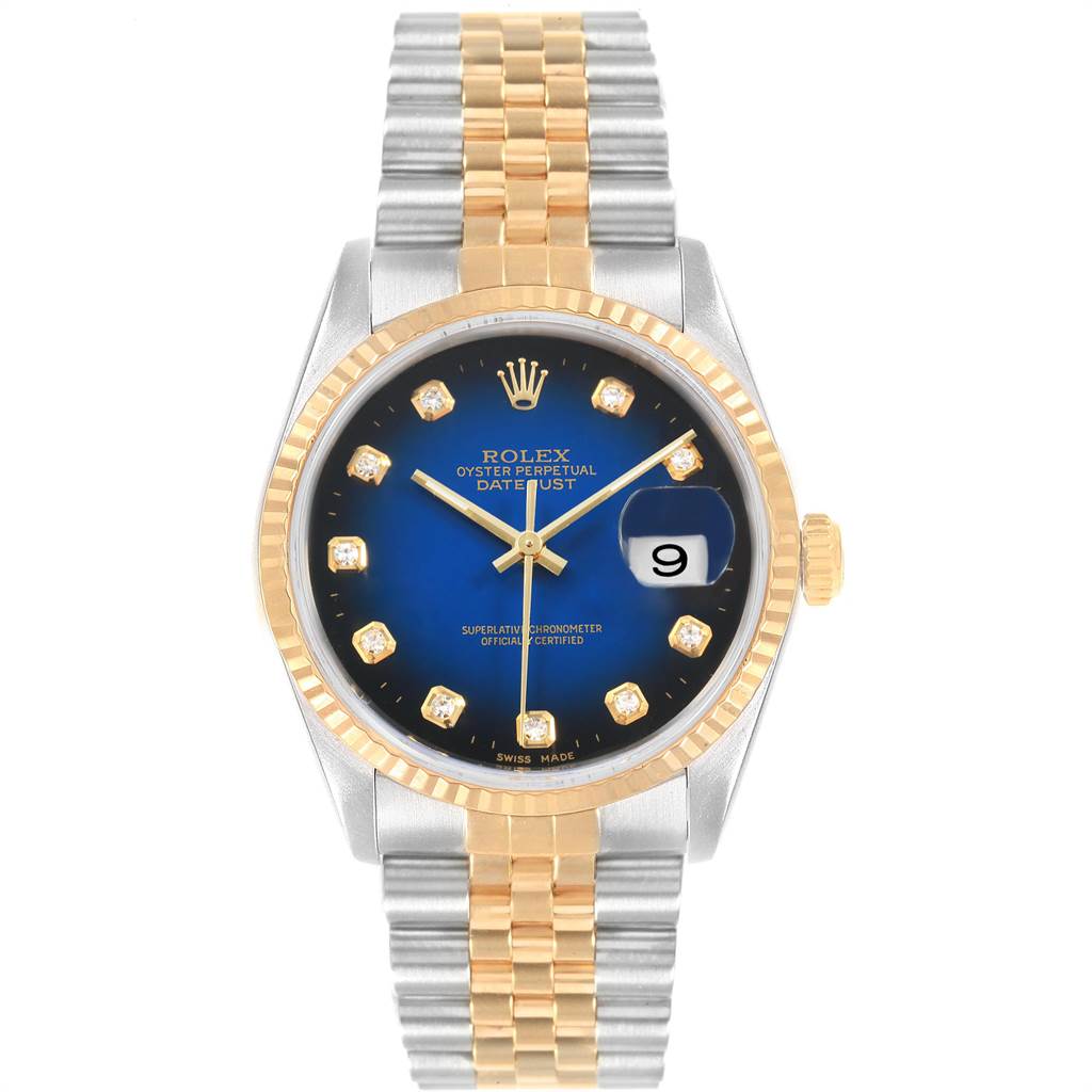 This image shows a Rolex Datejust 16233 Men's Steel and Gold (two tone) Blue Dial 16233 Men's Steel and Gold (two tone) Blue Dial watch from a front angle, displaying the face, bezel, and bracelet.