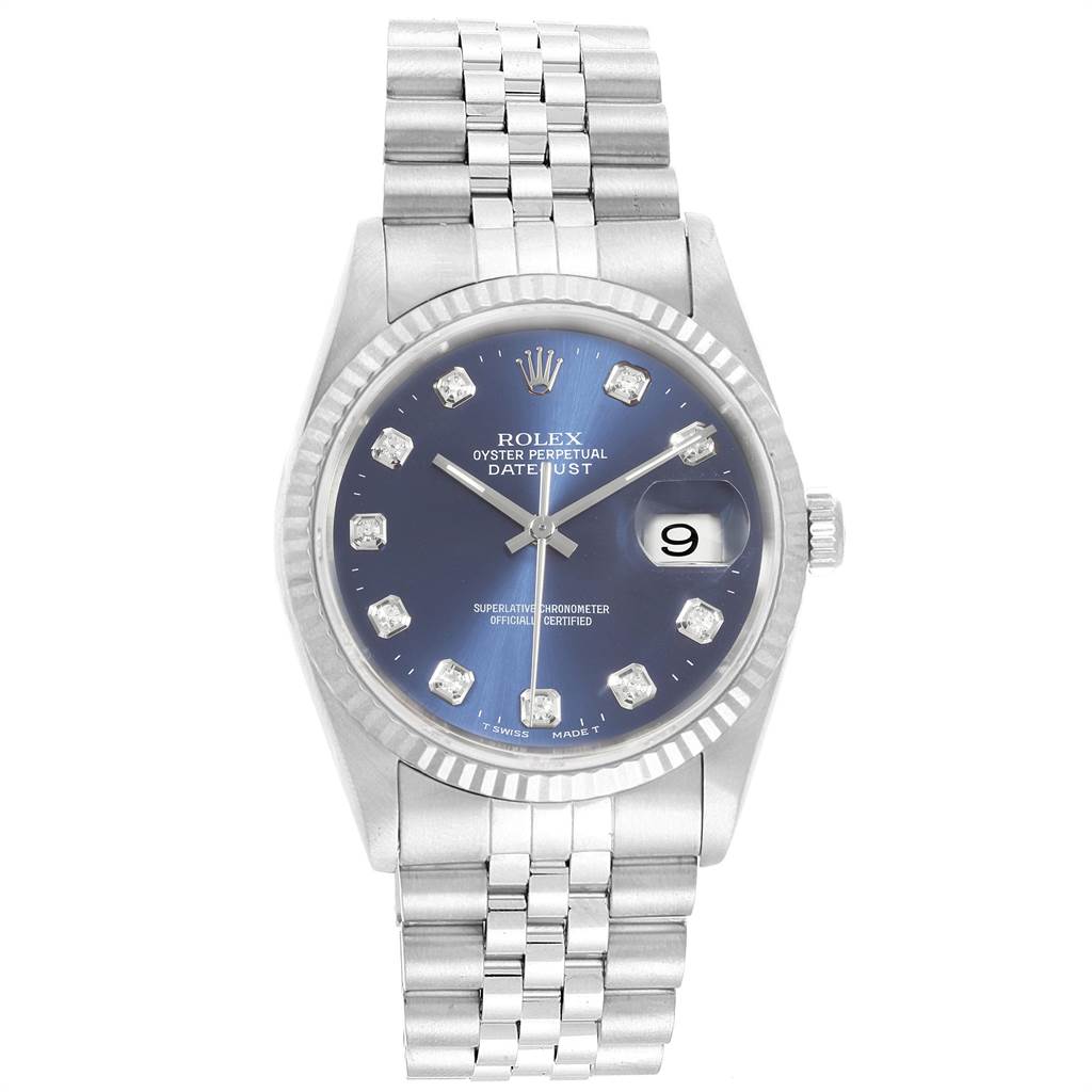 This image shows a front view of a Rolex Datejust 16234 Men's Stainless Steel Blue Dial 16234 Men's Stainless Steel Blue Dial watch, displaying the dial, bezel, bracelet, and date window.