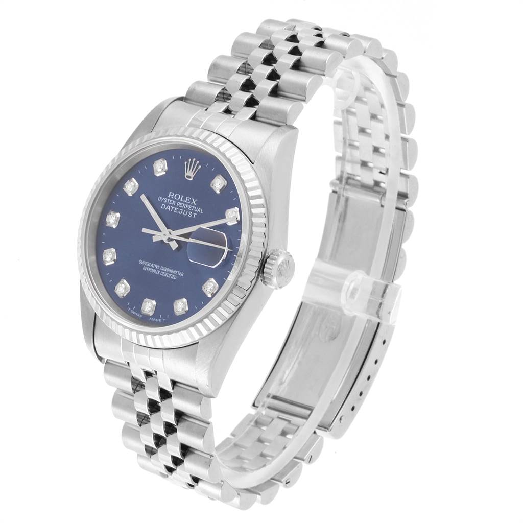 This image shows the Rolex Datejust 16234 Men's Stainless Steel Blue Dial 16234 Men's Stainless Steel Blue Dial watch from a front-side angle, highlighting the dial, bezel, and bracelet.