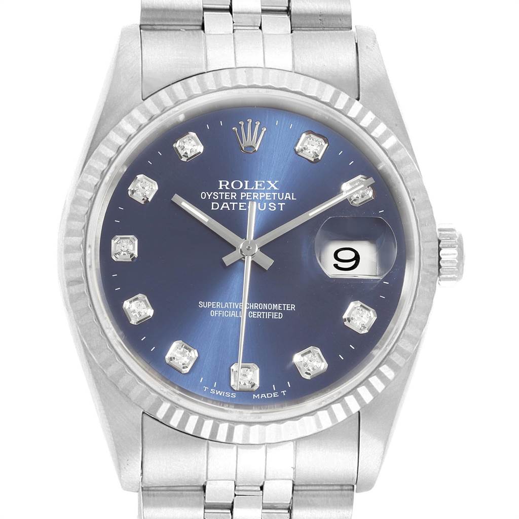 The image shows a frontal view of the Rolex Datejust 16234 Men's Stainless Steel Blue Dial 16234 Men's Stainless Steel Blue Dial, focusing on the dial, bezel, and part of the bracelet.