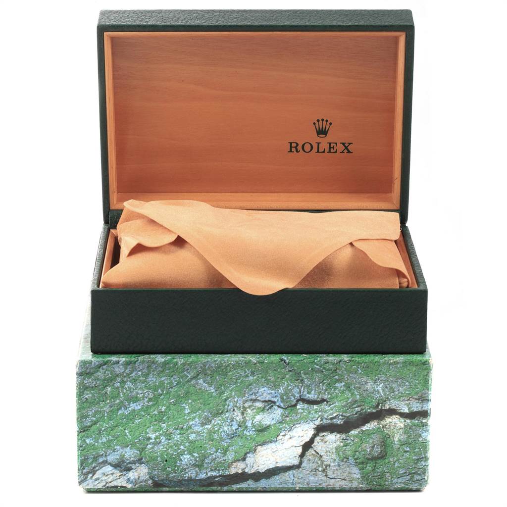 The image shows an open Rolex Datejust 16234 Men's Stainless Steel Blue Dial 16234 Men's Stainless Steel Blue Dial watch box with a beige cloth covering the interior.