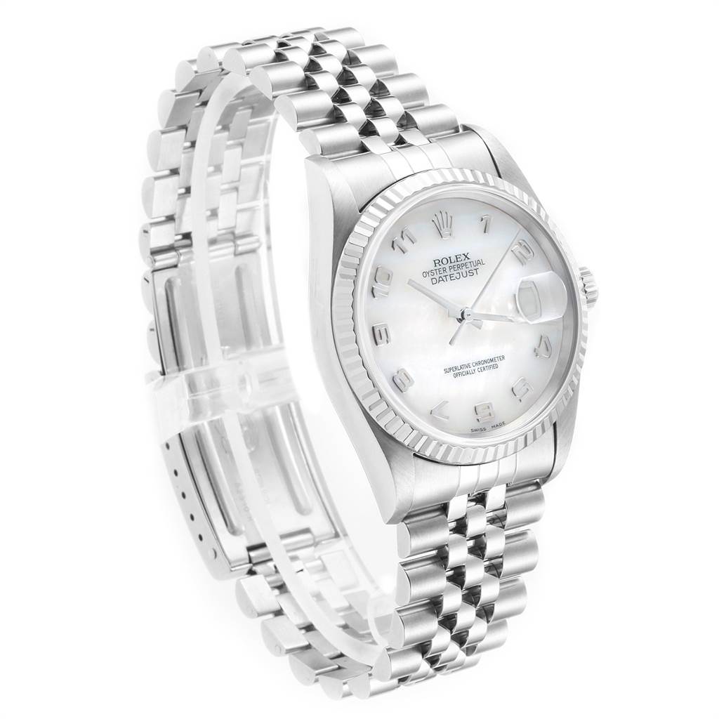 The image shows a side angle of the Rolex Datejust 16234 Men's Stainless Steel Mother of Pearl Dial 16234 Men's Stainless Steel Mother of Pearl Dial watch highlighting the face, bezel, and bracelet.