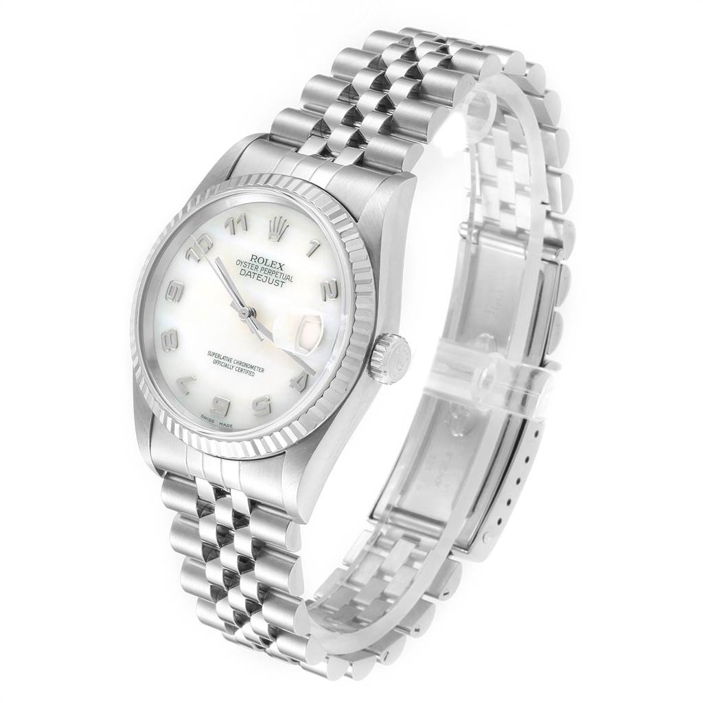 This image shows a Rolex Datejust 16234 Men's Stainless Steel Mother of Pearl Dial 16234 Men's Stainless Steel Mother of Pearl Dial watch at a three-quarter angle, displaying the face, bezel, crown, and part of the bracelet.