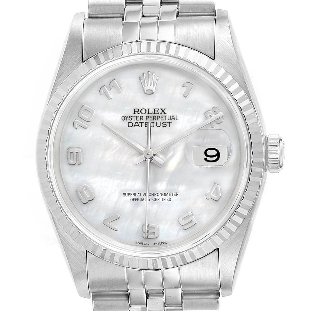This image shows a frontal close-up of a Rolex Datejust 16234 Men's Stainless Steel Mother of Pearl Dial 16234 Men's Stainless Steel Mother of Pearl Dial model watch, highlighting the dial, date window, and part of the bracelet.