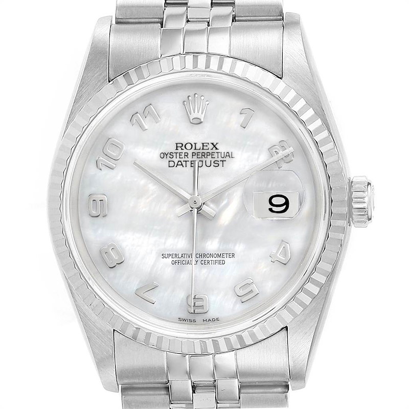 Rolex Datejust Steel White Gold Mother of Pearl Dial Mens Watch 16234 SwissWatchExpo