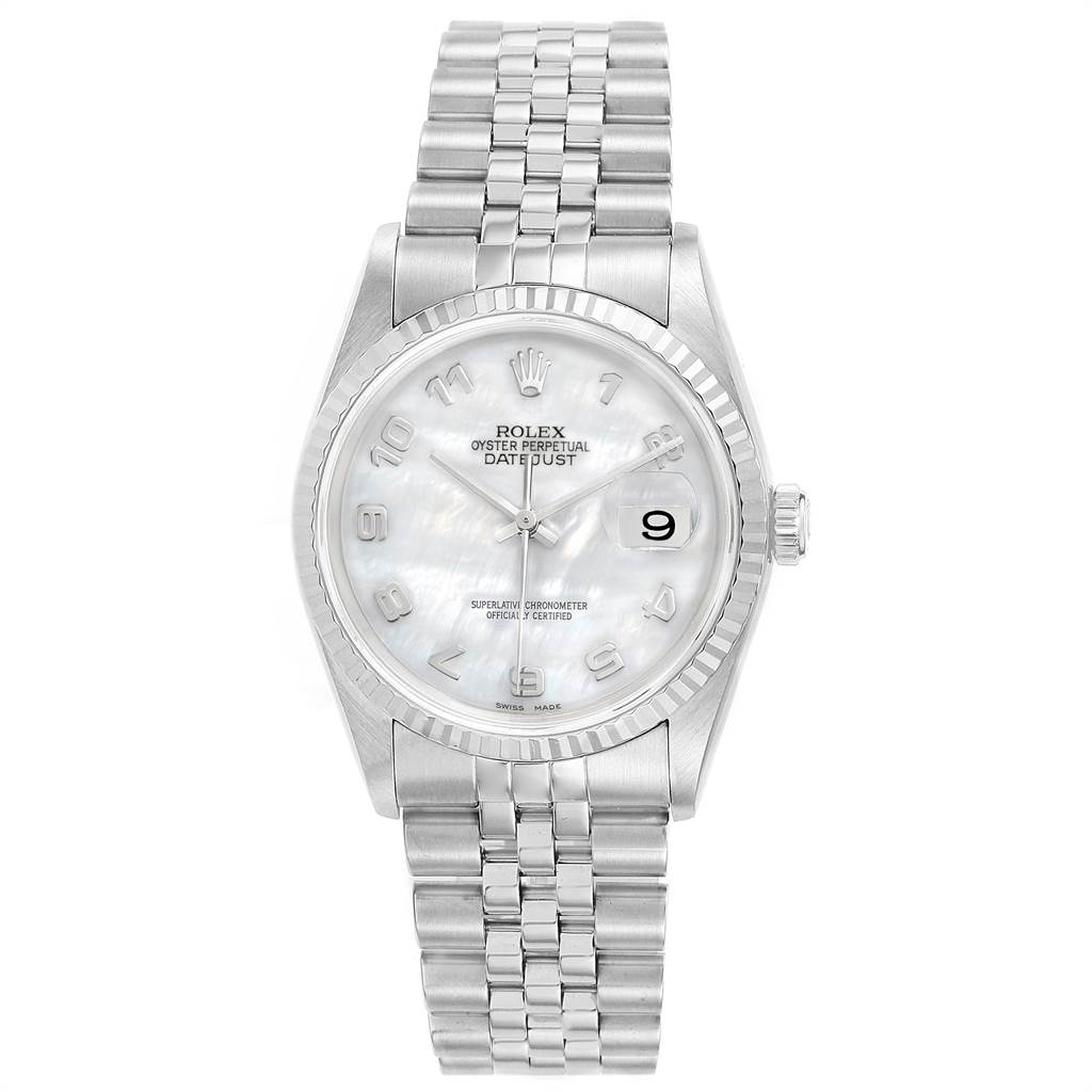The Rolex Datejust 16234 Men's Stainless Steel Mother of Pearl Dial 16234 Men's Stainless Steel Mother of Pearl Dial watch is shown from a front angle displaying the dial, bezel, case, and bracelet.