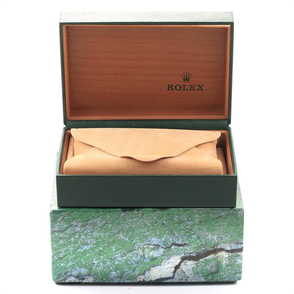 This image shows a Rolex Datejust 16234 Men's Stainless Steel Mother of Pearl Dial 16234 Men's Stainless Steel Mother of Pearl Dial watch box and travel pouch from a front angle.