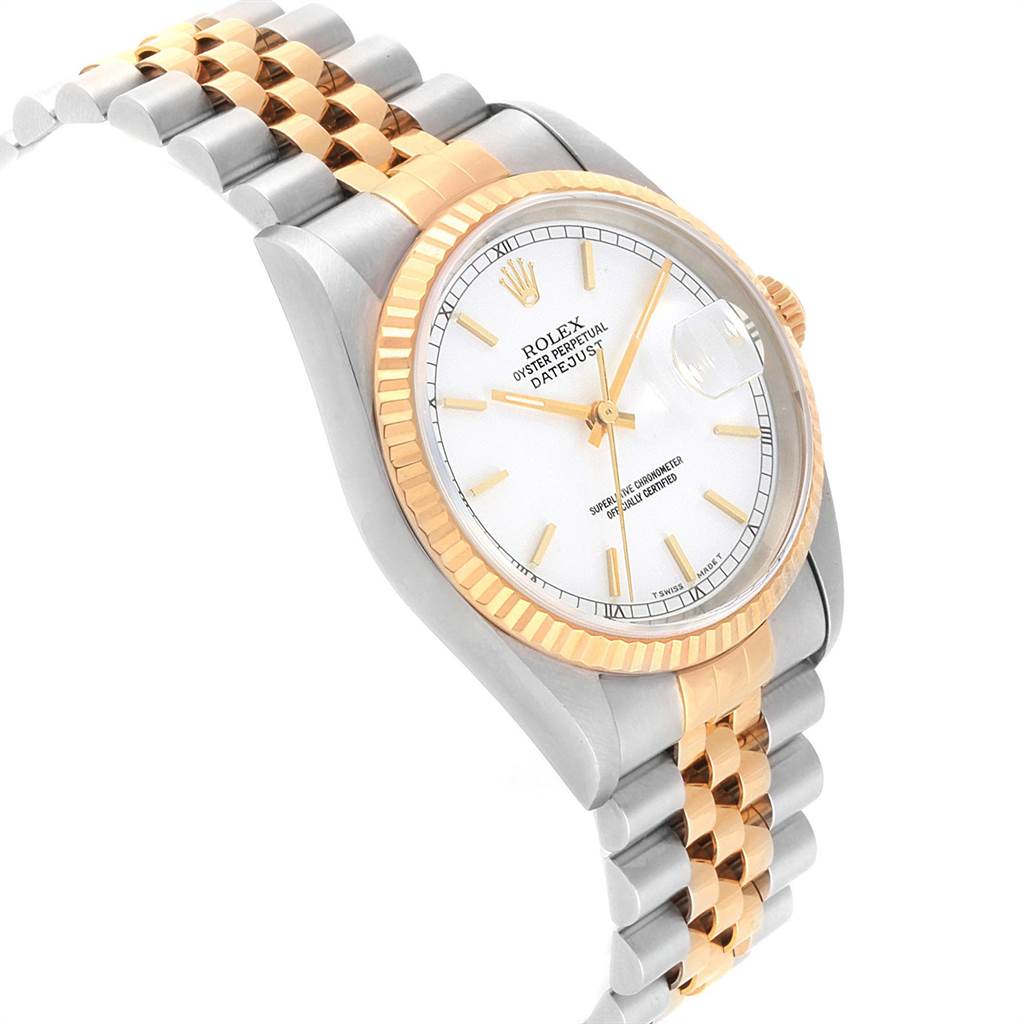 The image shows a Rolex Datejust 16233 Men's Steel and Gold (two tone) White Dial 16233 Men's Steel and Gold (two tone) White Dial watch at a three-quarter angle, highlighting its gold and silver jubilee bracelet, fluted bezel, and white dial.