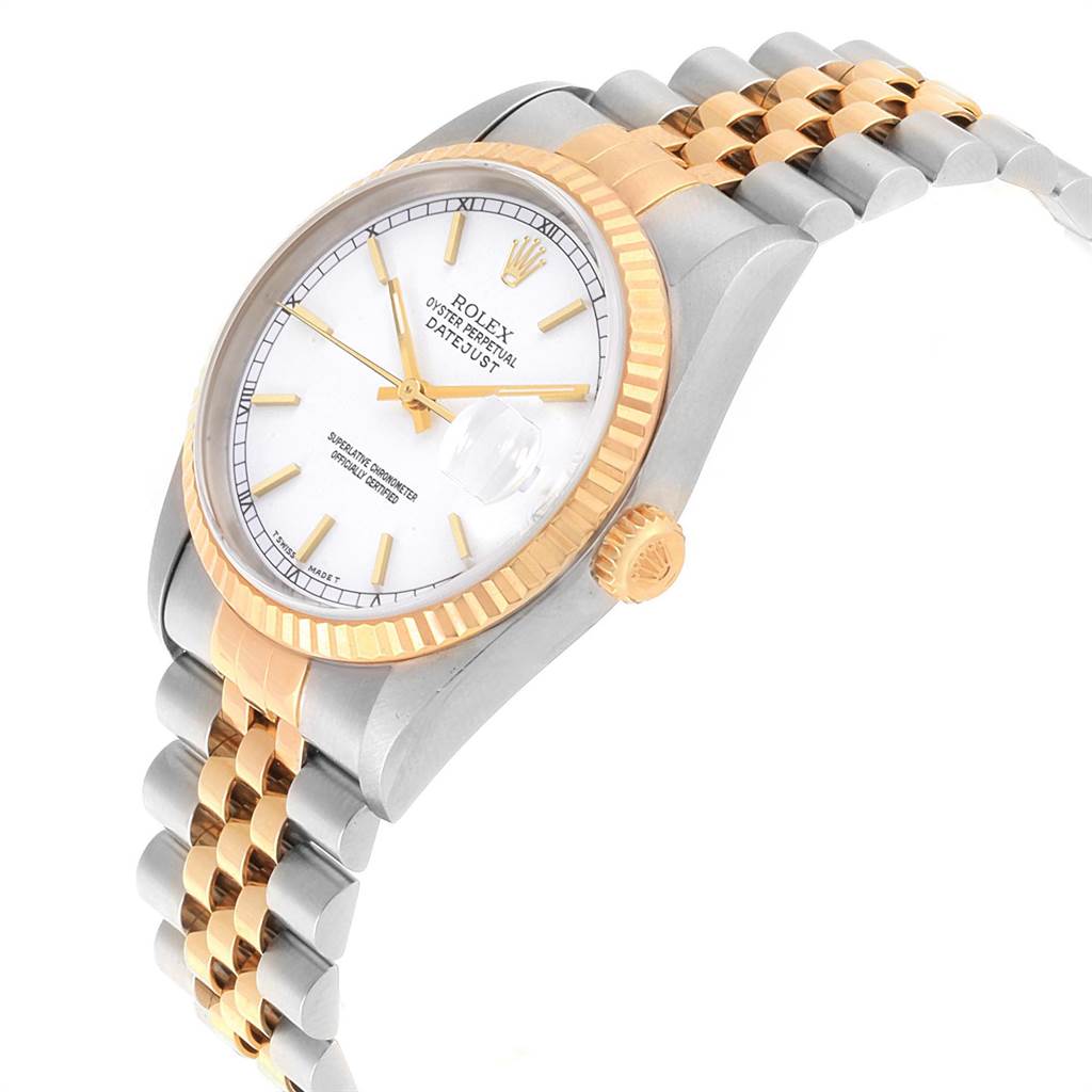 The image shows a side and partial top view of a Rolex Datejust 16233 Men's Steel and Gold (two tone) White Dial 16233 Men's Steel and Gold (two tone) White Dial, highlighting the dial, bezel, crown, and bracelet.