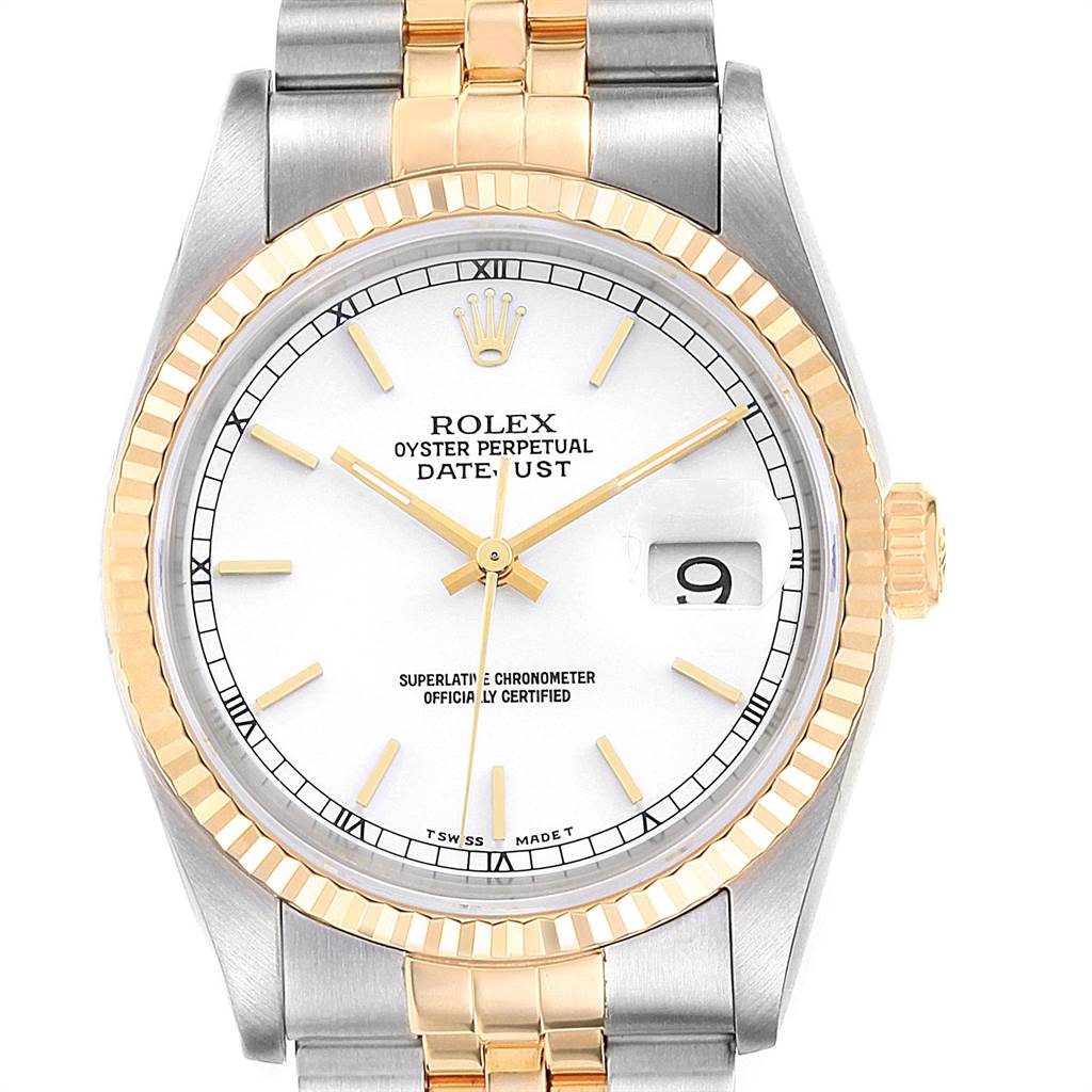This image shows a front view of the Rolex Datejust 16233 Men's Steel and Gold (two tone) White Dial 16233 Men's Steel and Gold (two tone) White Dial watch, highlighting the face, bezel, and part of the bracelet.