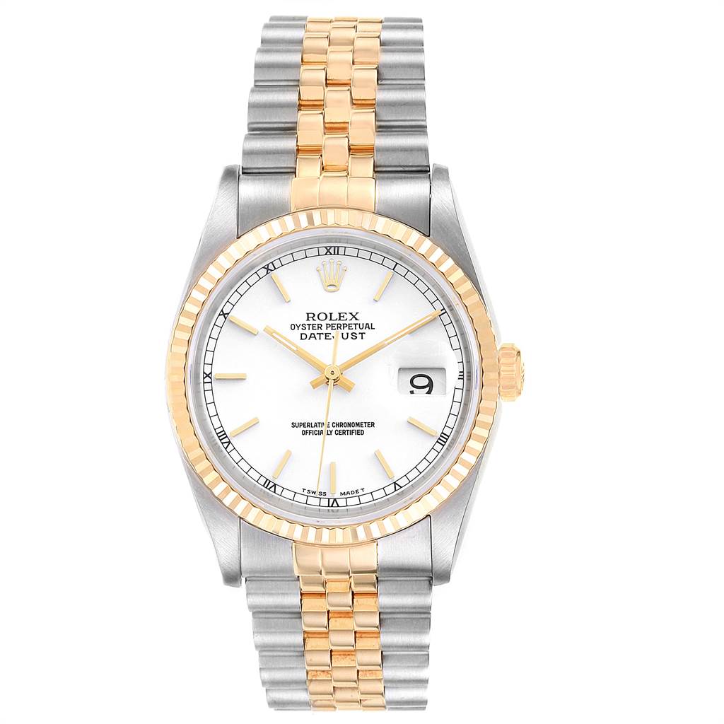 This image shows a front view of a Rolex Datejust 16233 Men's Steel and Gold (two tone) White Dial 16233 Men's Steel and Gold (two tone) White Dial watch with a white dial, gold fluted bezel, and two-tone Oyster bracelet.