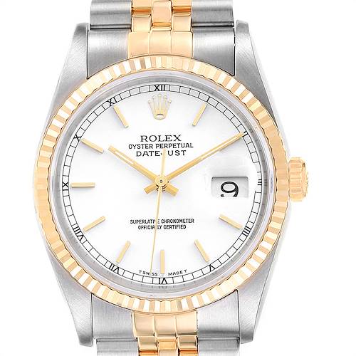 Photo of Rolex Datejust Steel Yellow Gold White Dial Fluted Bezel Mens Watch 16233