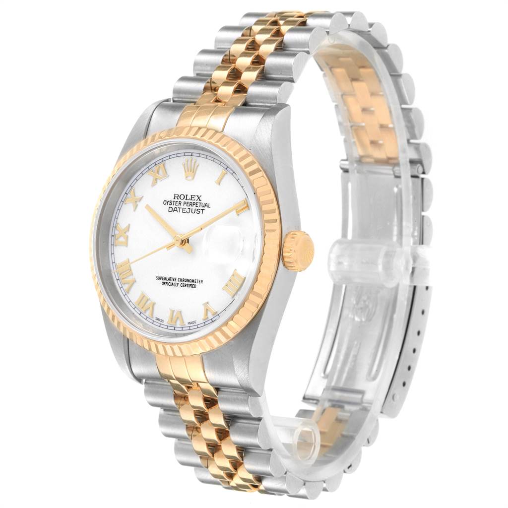 The Rolex Datejust 16233 Men
s Steel and Gold (two tone) White Dial 16233 Men
s Steel and Gold (two tone) White Dial watch is shown at an angled side view, featuring its two-tone bracelet, dial, and crown.