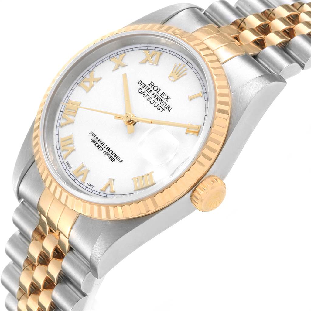This image shows a Rolex Datejust 16233 Men
s Steel and Gold (two tone) White Dial 16233 Men
s Steel and Gold (two tone) White Dial watch at a slight angle, highlighting the dial, fluted bezel, crown, and two-tone bracelet.