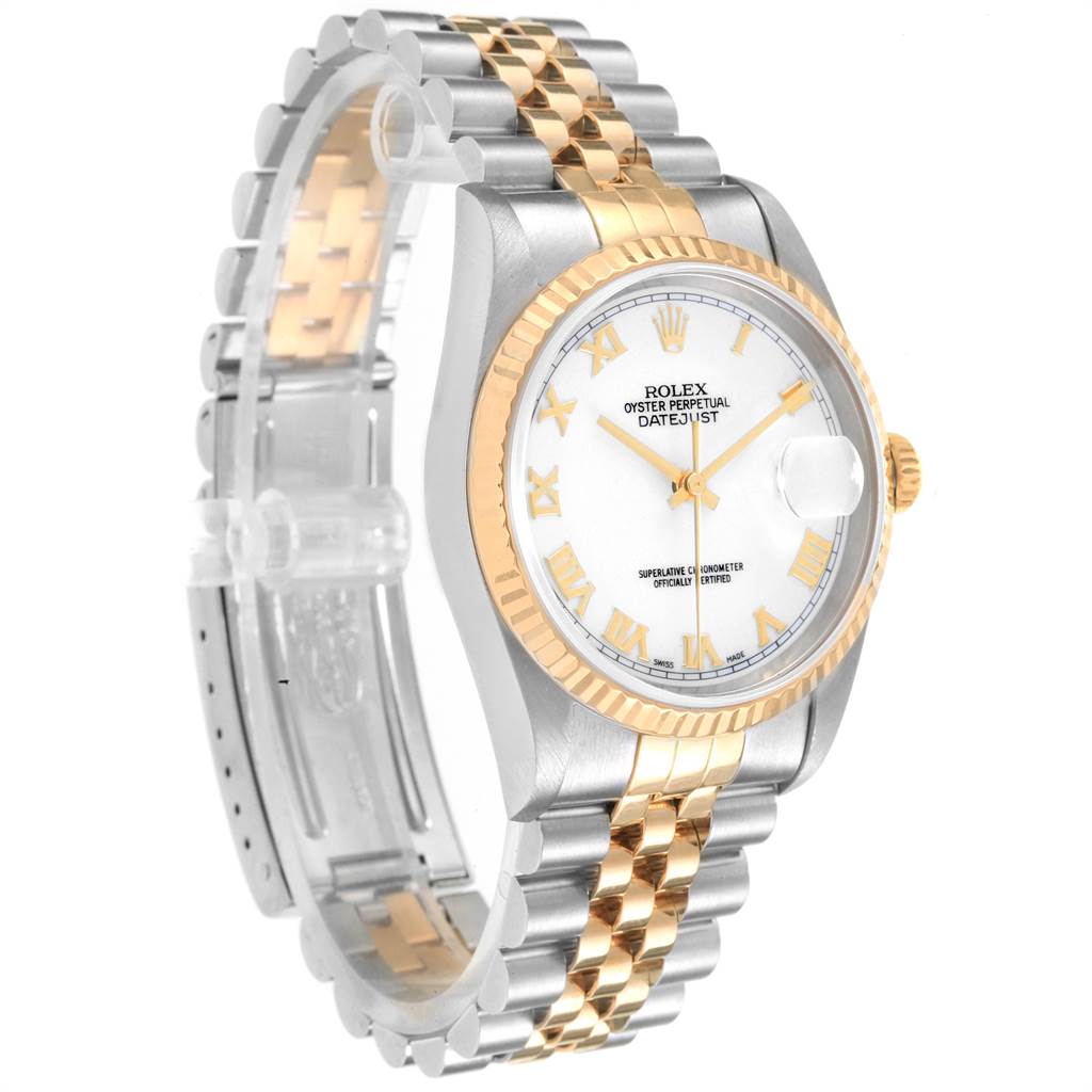 The Rolex Datejust 16233 Men
s Steel and Gold (two tone) White Dial 16233 Men
s Steel and Gold (two tone) White Dial watch is shown at an angled view, highlighting the case, bezel, dial, and two-tone bracelet.