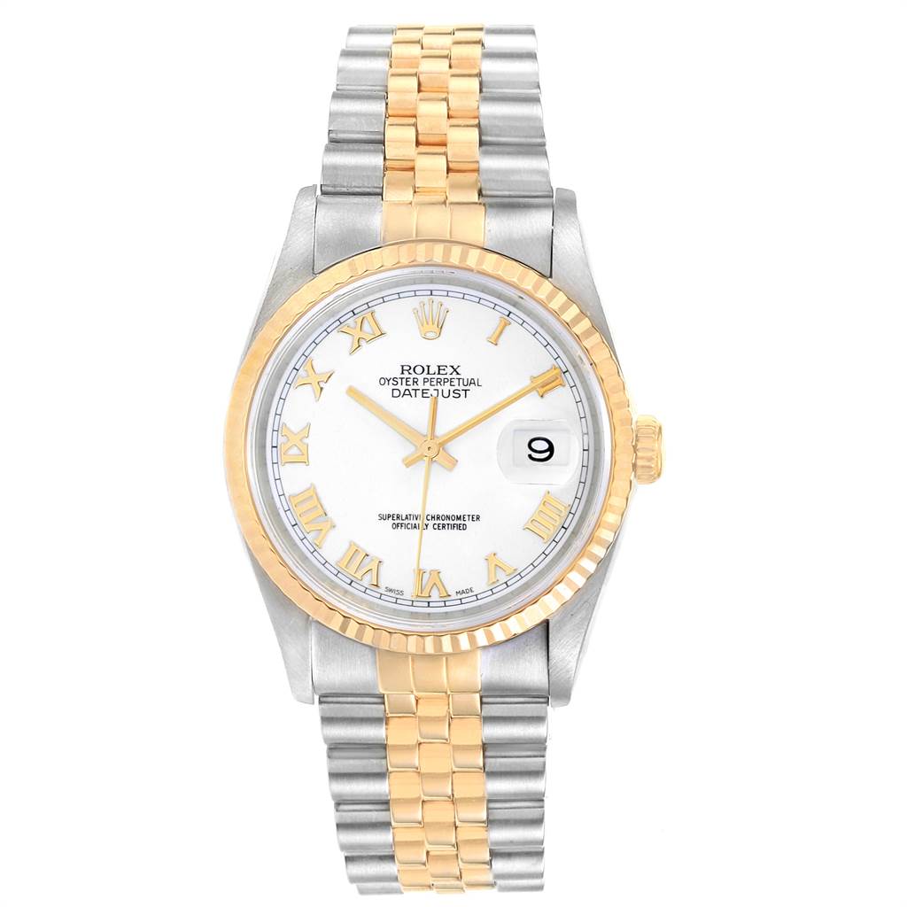 The image shows a Rolex Datejust 16233 Men
s Steel and Gold (two tone) White Dial 16233 Men
s Steel and Gold (two tone) White Dial watch from the front, highlighting the dial, bezel, bracelet, and crown.