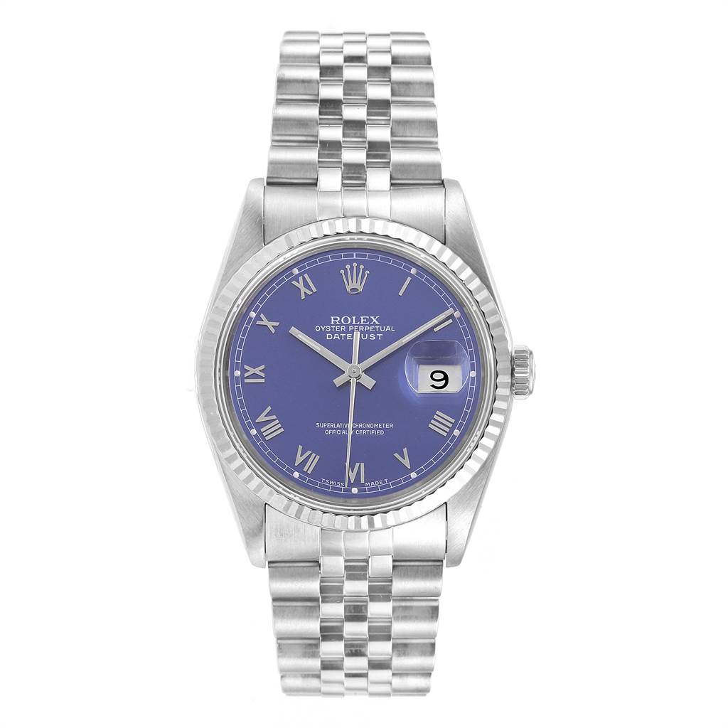 The image shows a front view of the Rolex Datejust 16234 Men's Stainless Steel Blue Dial 16234 Men's Stainless Steel Blue Dial watch, highlighting its blue dial and Jubilee bracelet.