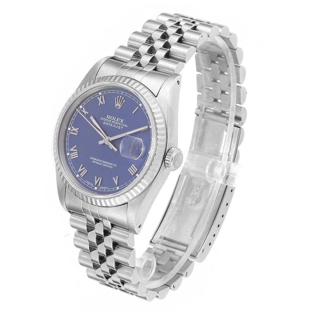 The image shows a Rolex Datejust 16234 Men's Stainless Steel Blue Dial 16234 Men's Stainless Steel Blue Dial watch at an angle highlighting its face, bezel, crown, and Jubilee bracelet.