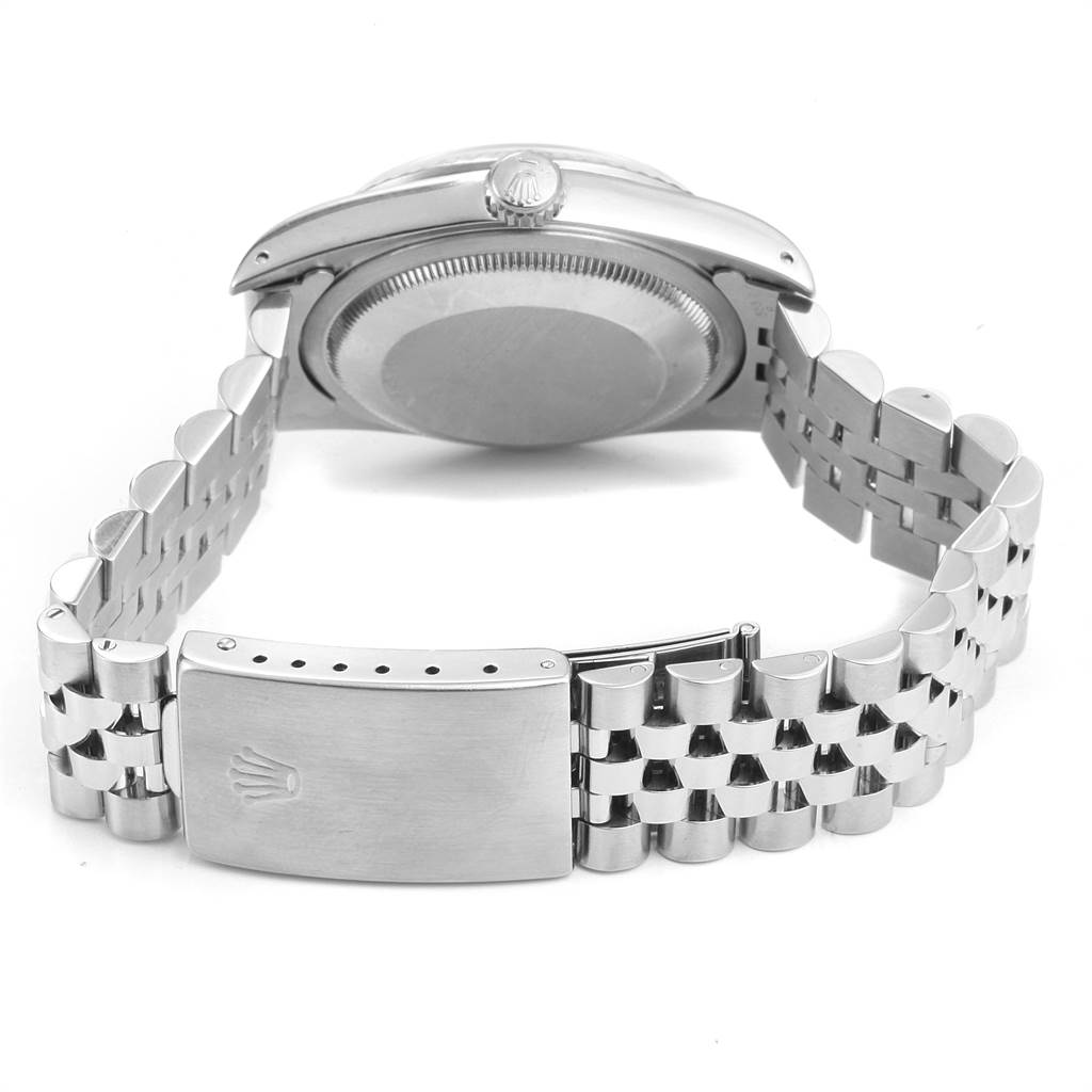 The image shows the back view of a Rolex Datejust 16234 Men's Stainless Steel Blue Dial 16234 Men's Stainless Steel Blue Dial watch, highlighting the clasp and bracelet.