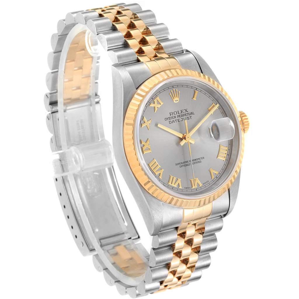 This image displays a Rolex Datejust 16233 Men's Steel and Gold (two tone) Grey Dial 16233 Men's Steel and Gold (two tone) Grey Dial watch at a three-quarter angle, highlighting its band, dial, bezel, and crown.