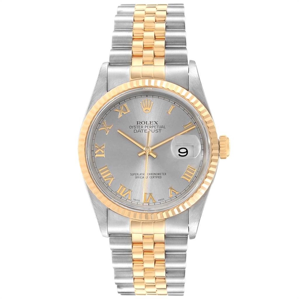 The image shows a front view of a Rolex Datejust 16233 Men's Steel and Gold (two tone) Grey Dial 16233 Men's Steel and Gold (two tone) Grey Dial watch featuring a two-tone bracelet and fluted bezel.