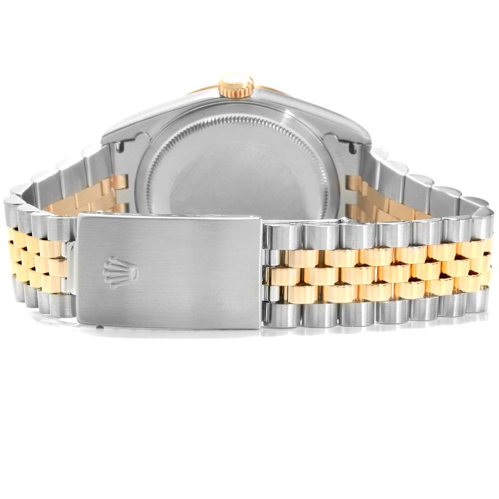 The image shows the back view of a Rolex Datejust 16233 Men's Steel and Gold (two tone) Grey Dial 16233 Men's Steel and Gold (two tone) Grey Dial watch, highlighting its two-tone bracelet and clasp.