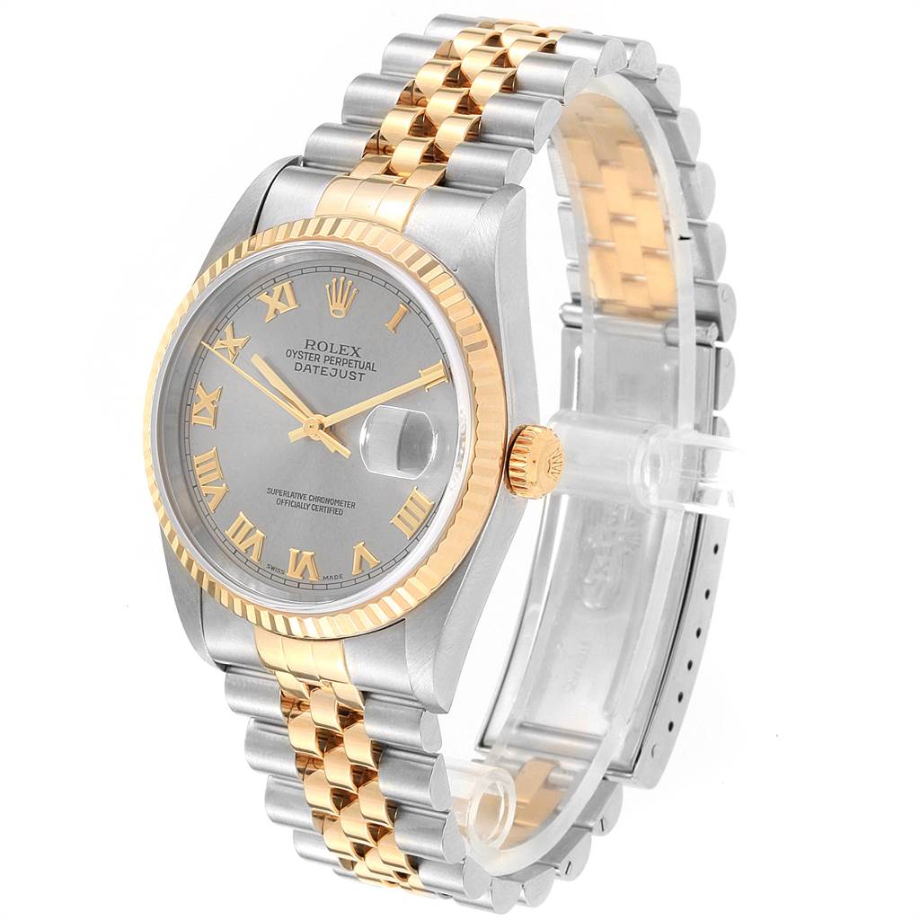 This Rolex Datejust 16233 Men's Steel and Gold (two tone) Grey Dial 16233 Men's Steel and Gold (two tone) Grey Dial watch is shown at a three-quarter angle, displaying its face, bezel, crown, and bracelet.