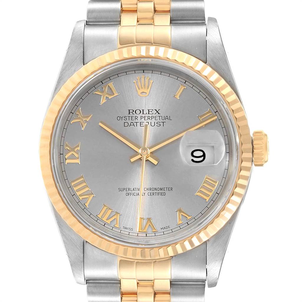 This image shows a frontal view of a Rolex Datejust 16233 Men's Steel and Gold (two tone) Grey Dial 16233 Men's Steel and Gold (two tone) Grey Dial watch, highlighting the dial, bezel, crown, and part of the bracelet.