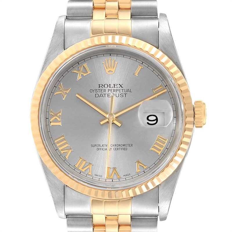 Rolex Datejust Steel 18K Yellow Gold Slate Roman Dial Mens Watch 16233 SwissWatchExpo