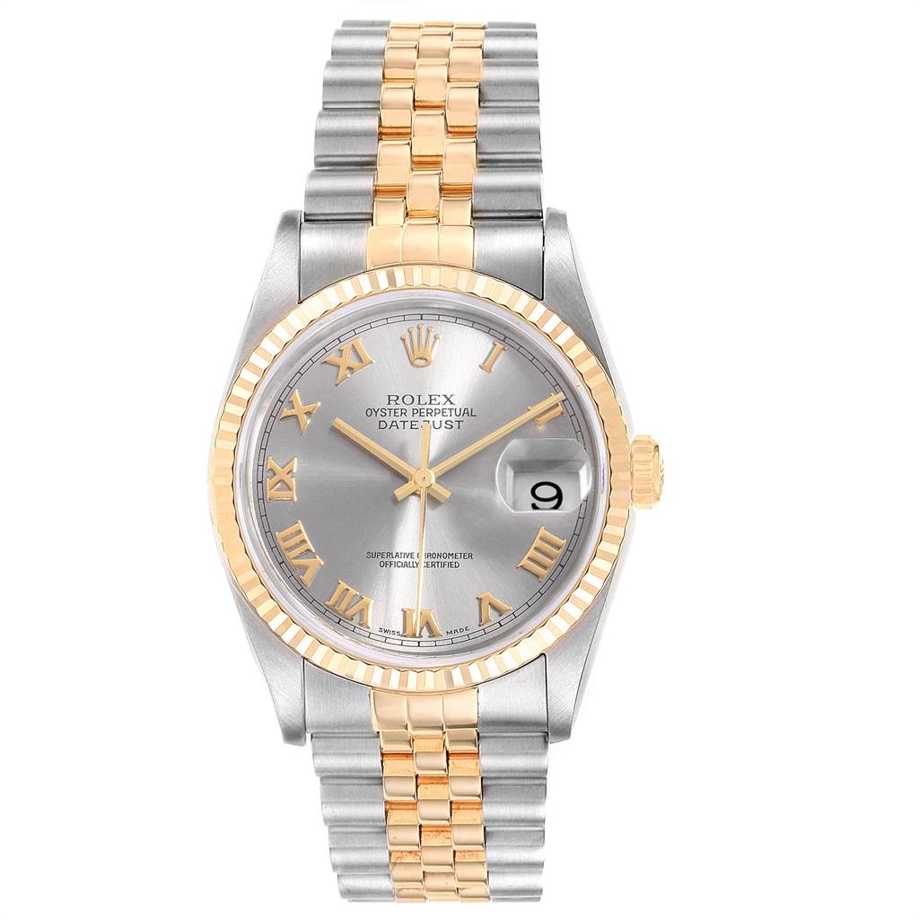 This image shows a frontal view of a Rolex Datejust 16233 Men's Steel and Gold (two tone) Grey Dial 16233 Men's Steel and Gold (two tone) Grey Dial watch, highlighting its dial, bracelet, and date window.
