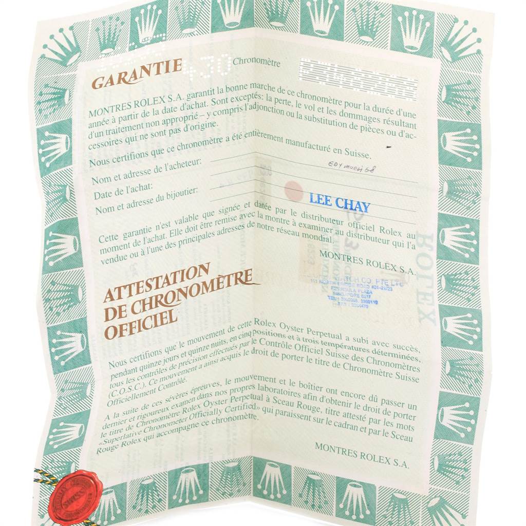 The image shows the warranty and official chronometer certification document for a Rolex Datejust 16233 Men's Steel and Gold (two tone) Grey Dial 16233 Men's Steel and Gold (two tone) Grey Dial model.