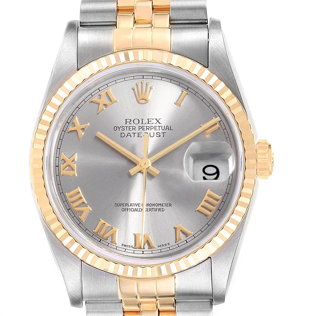 The image shows a frontal view of a Rolex Datejust 16233 Men's Steel and Gold (two tone) Grey Dial 16233 Men's Steel and Gold (two tone) Grey Dial watch featuring a silver dial, gold Roman numerals, and a two-tone bracelet.