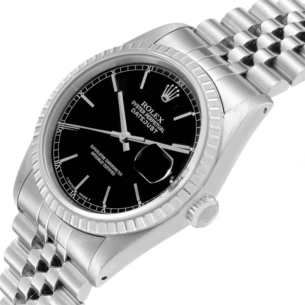 The image shows a close-up angled view of a Rolex Datejust 16220 Men's Stainless Steel Black Dial 16220 Men's Stainless Steel Black Dial watch, focusing on the face, bezel, and bracelet.