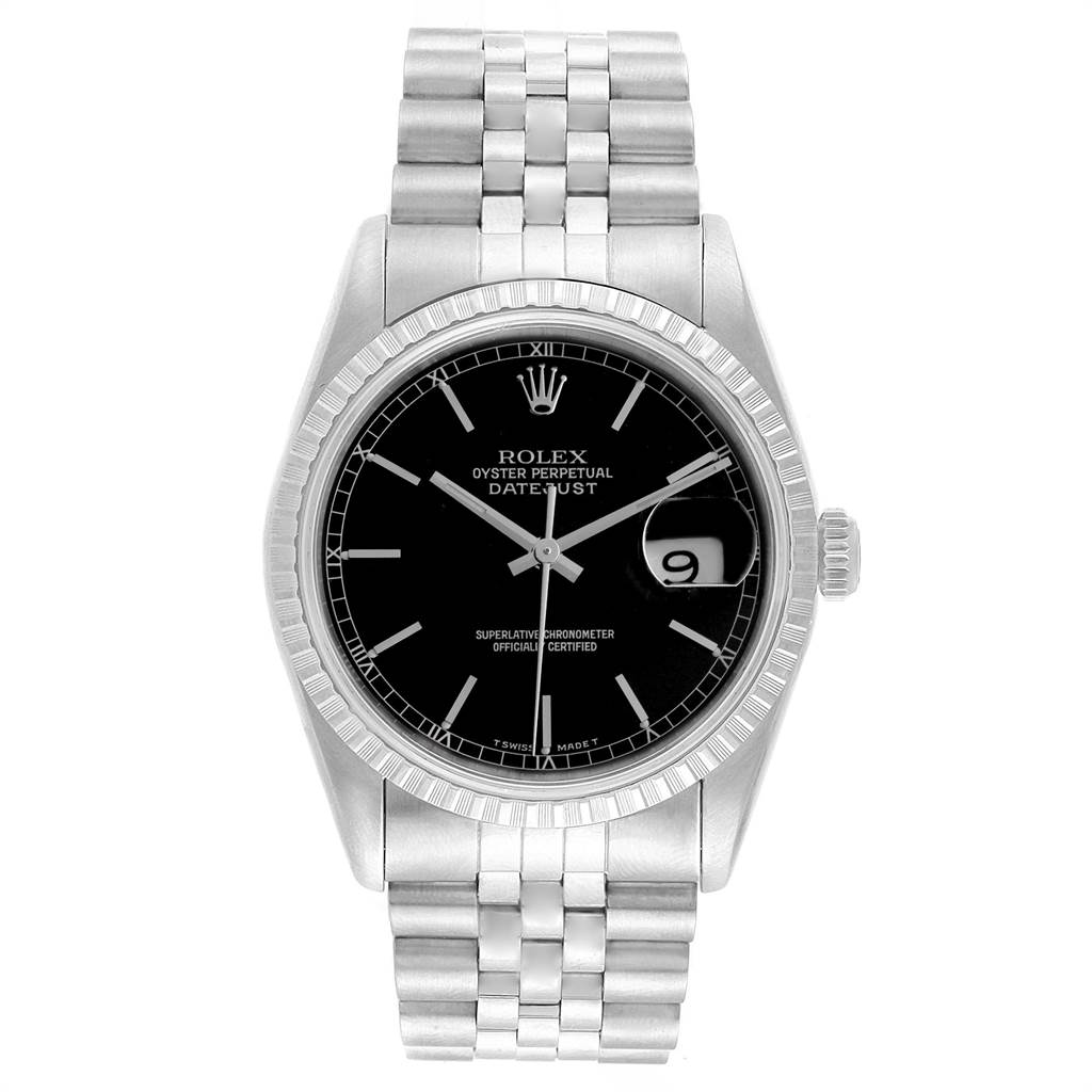 The image shows a Rolex Datejust 16220 Men's Stainless Steel Black Dial 16220 Men's Stainless Steel Black Dial watch from a straight-on angle, highlighting the face, bezel, and bracelet.