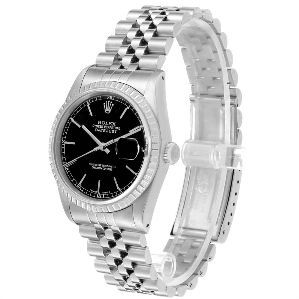 The image shows a Rolex Datejust 16220 Men's Stainless Steel Black Dial 16220 Men's Stainless Steel Black Dial watch viewed from a front angle, displaying the face, bezel, case, and bracelet.