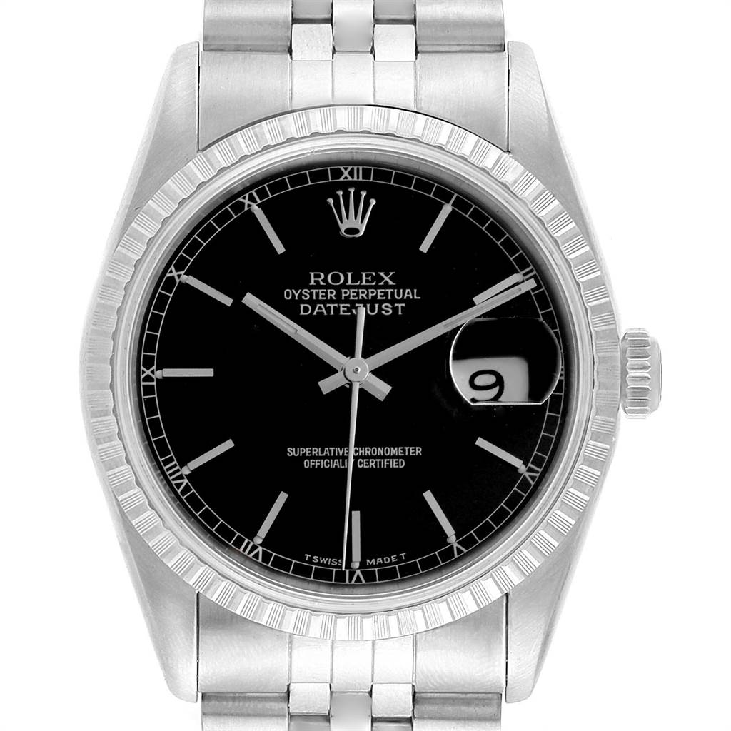 This image shows a front view of the Rolex Datejust 16220 Men's Stainless Steel Black Dial 16220 Men's Stainless Steel Black Dial with a black dial, fluted bezel, and silver bracelet.