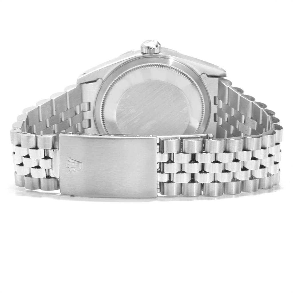 The image shows the back view of a Rolex Datejust 16220 Men's Stainless Steel Black Dial 16220 Men's Stainless Steel Black Dial watch, highlighting the case back and jubilee bracelet with clasp.