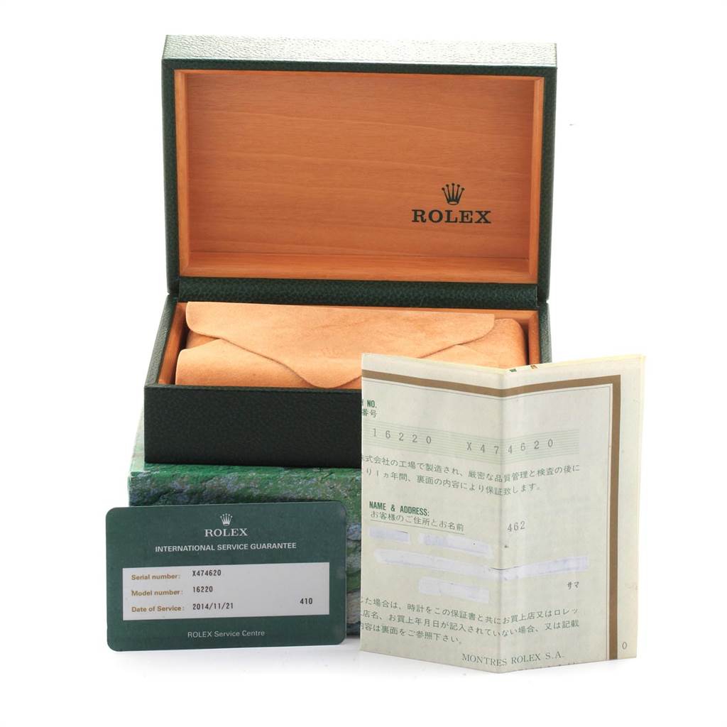The image shows a Rolex Datejust 16220 Men's Stainless Steel Black Dial 16220 Men's Stainless Steel Black Dial watch box, service guarantee card, and documentation.