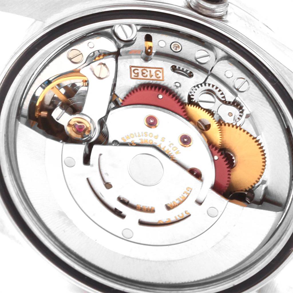 The image shows the internal movement mechanism of a Rolex Datejust 16220 Men's Stainless Steel Black Dial 16220 Men's Stainless Steel Black Dial watch from a close-up, top-down angle.
