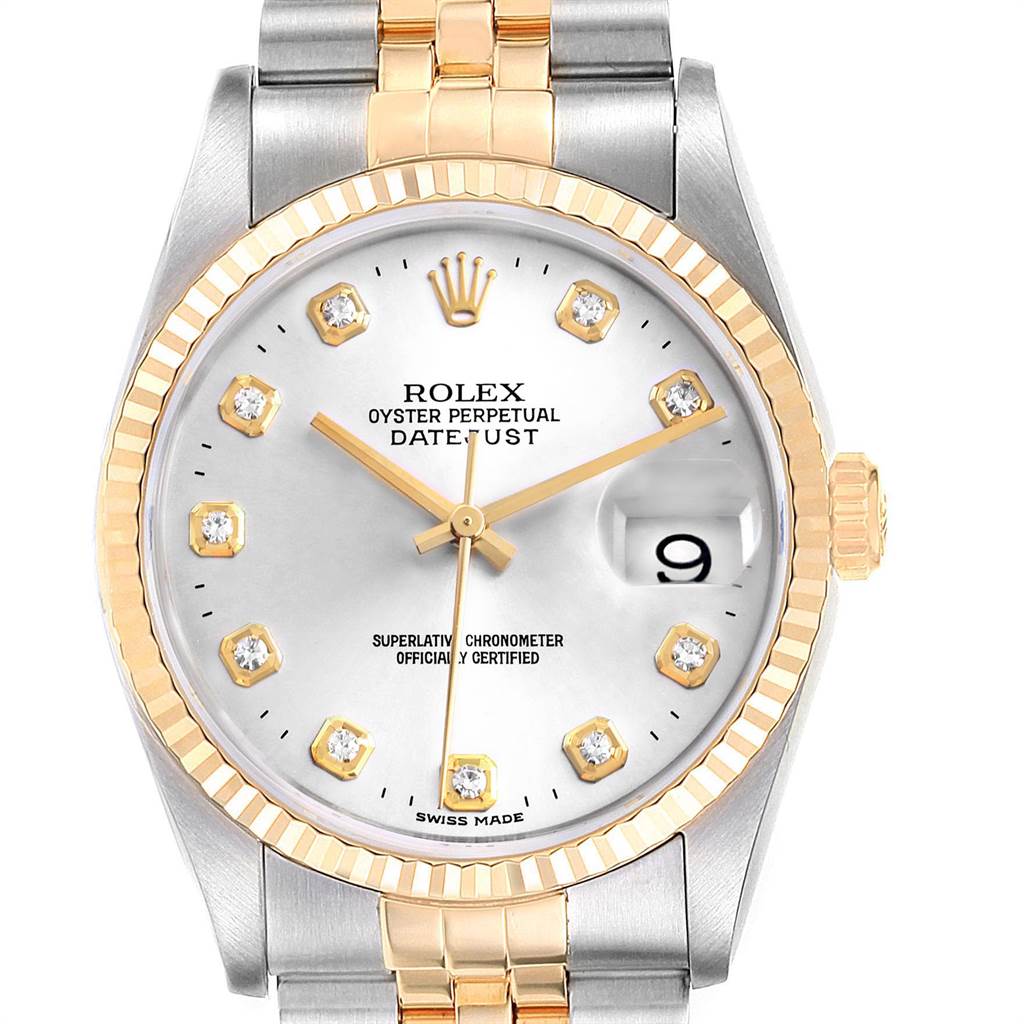 The Rolex Datejust 16233 Men's Steel and Gold (two tone) Silver Dial 16233 Men's Steel and Gold (two tone) Silver Dial watch is shown from the front, highlighting its dial, fluted bezel, and two-tone bracelet.