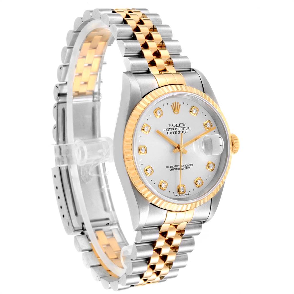 The image shows a Rolex Datejust 16233 Men's Steel and Gold (two tone) Silver Dial 16233 Men's Steel and Gold (two tone) Silver Dial watch at a three-quarter angle, featuring its two-tone bracelet, fluted bezel, and diamond hour markers.